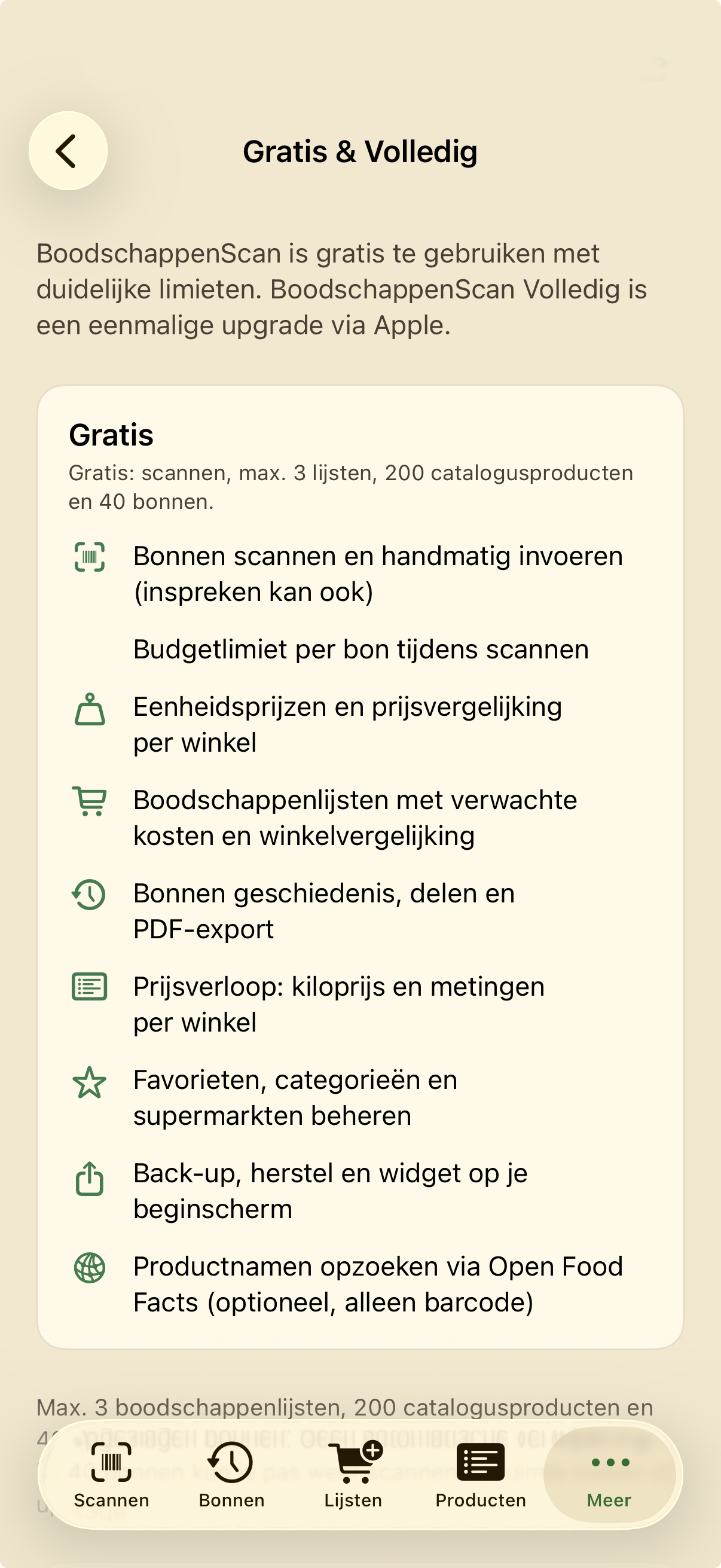 Vergelijking gratis en BoodschappenScan Volledig