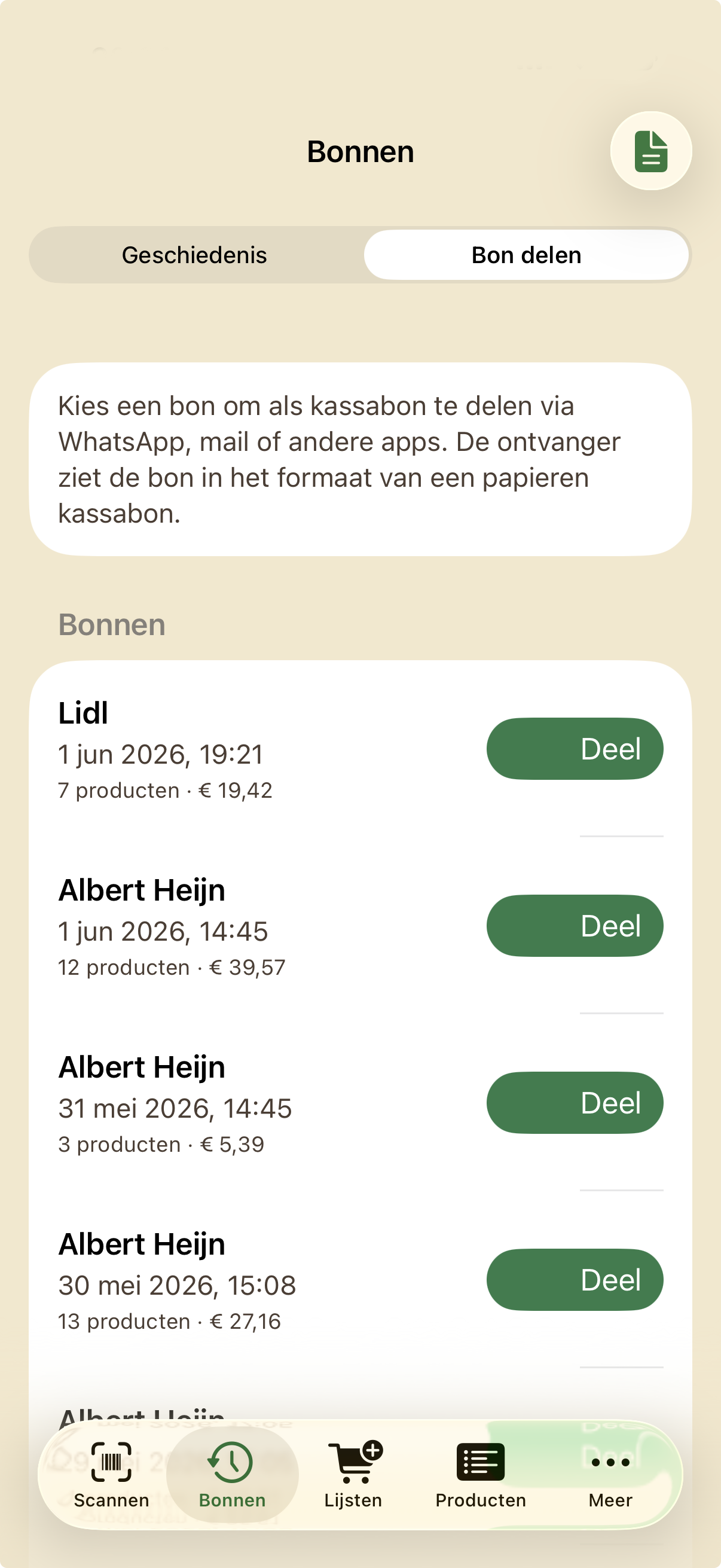 Bon delen scherm