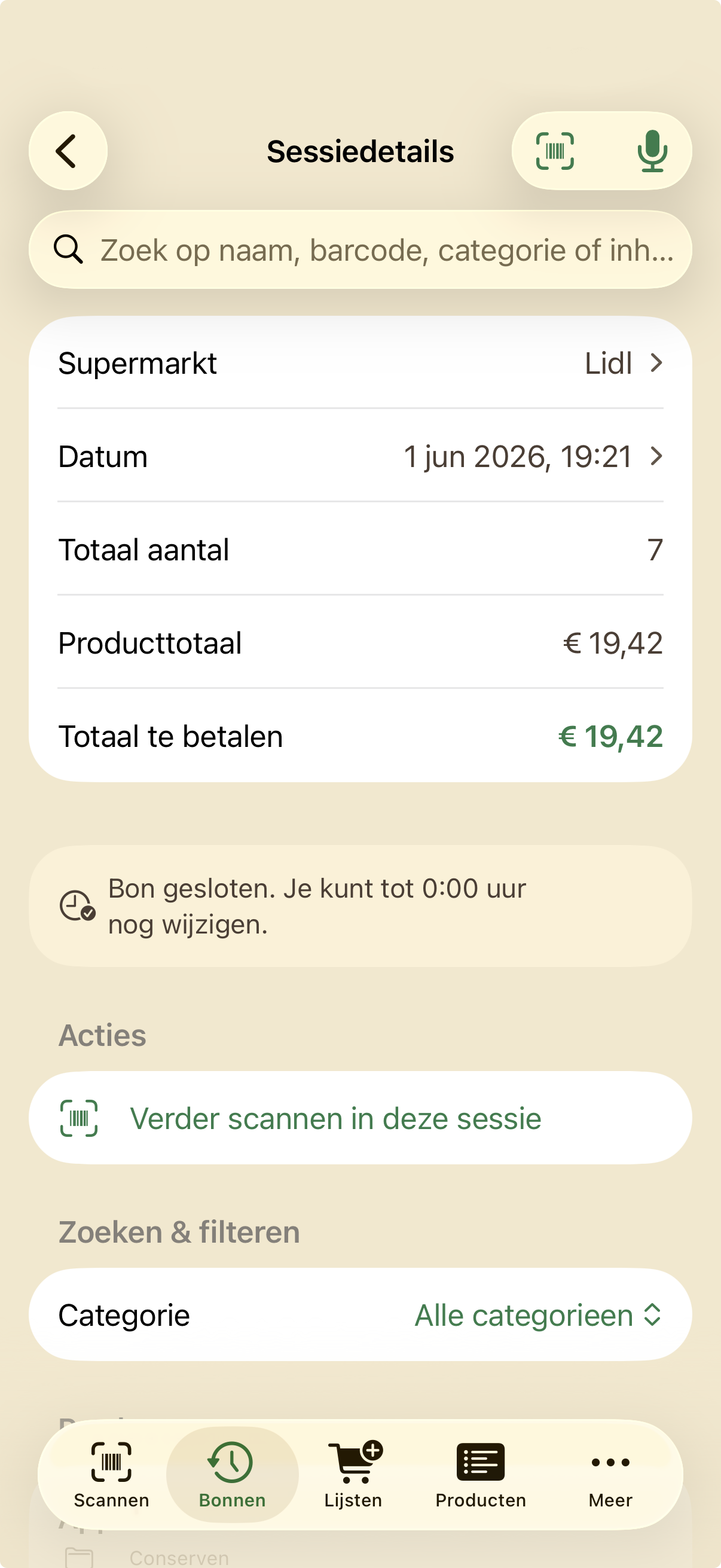 Sessiedetails van een bon