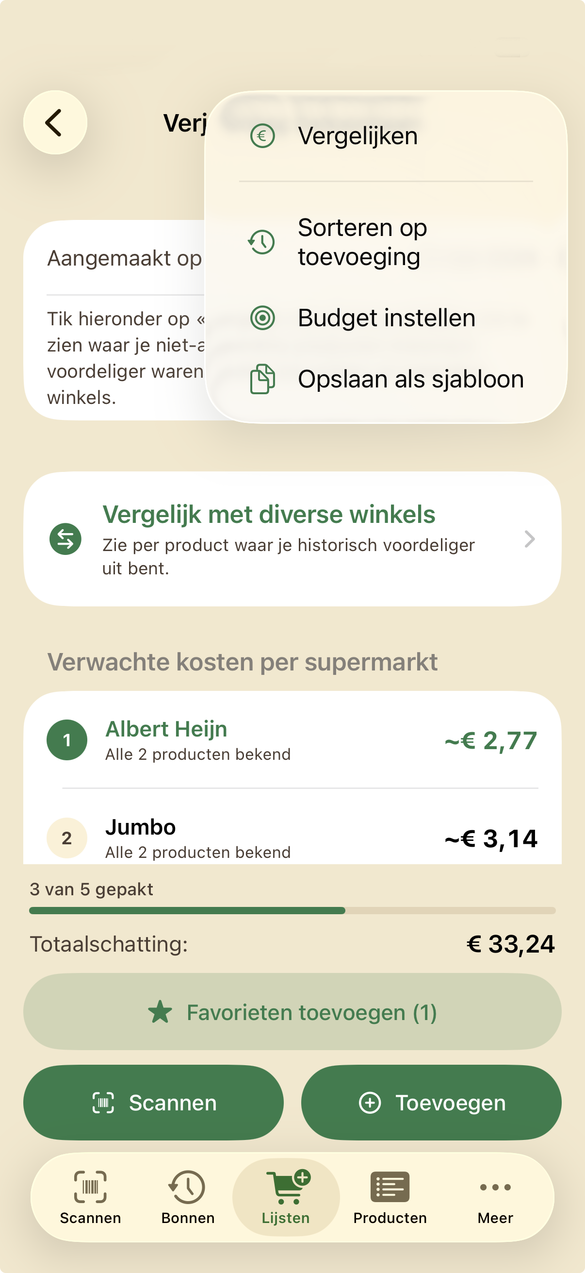Menu boodschappenlijst met sorteren en budget