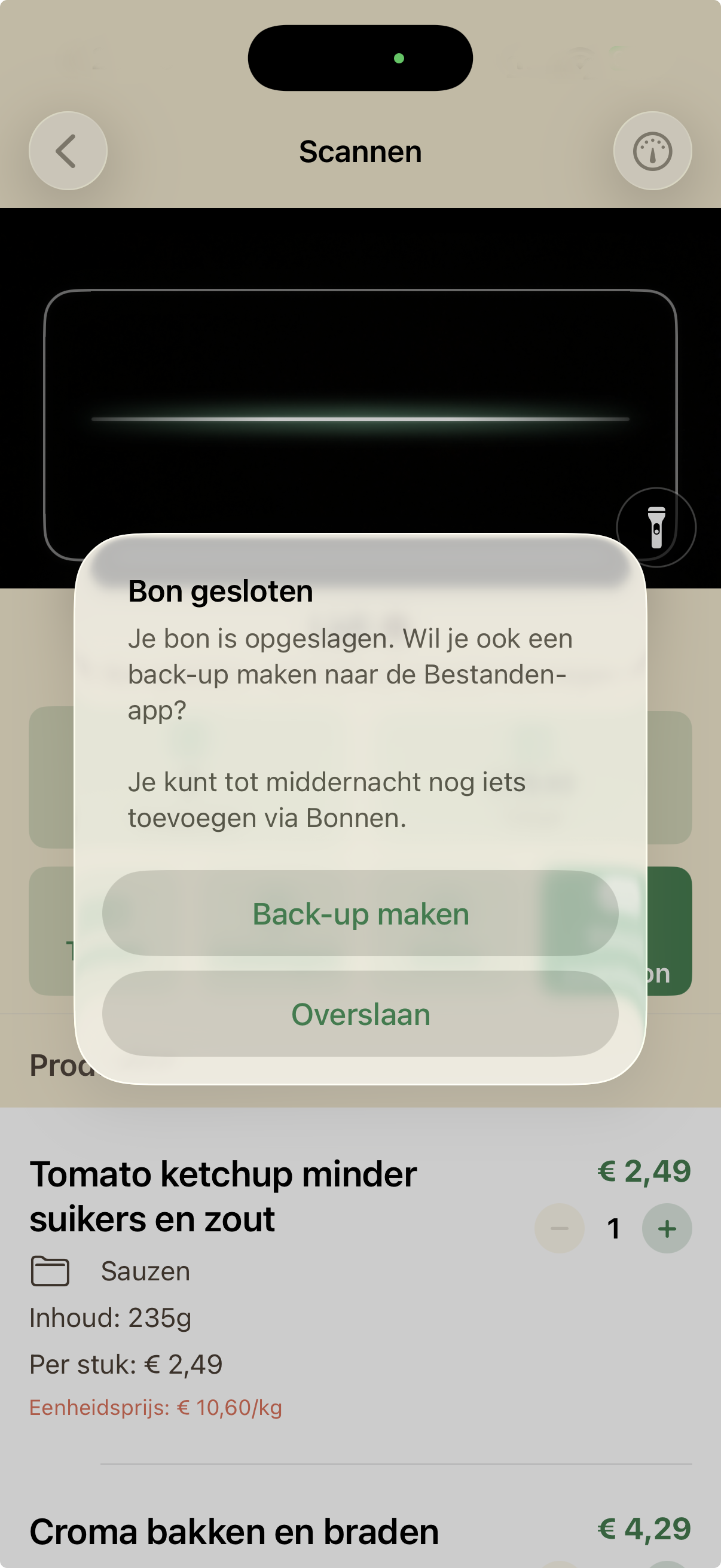 Bon gesloten — back-up aanbieden