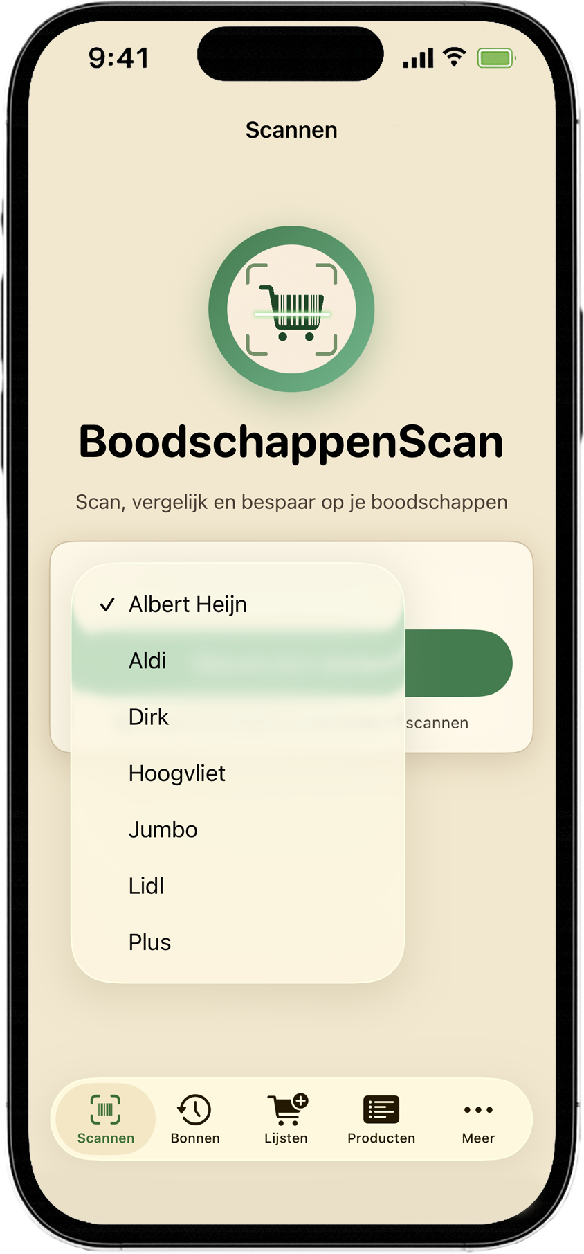 Supermarkt selecteren in BoodschappenScan